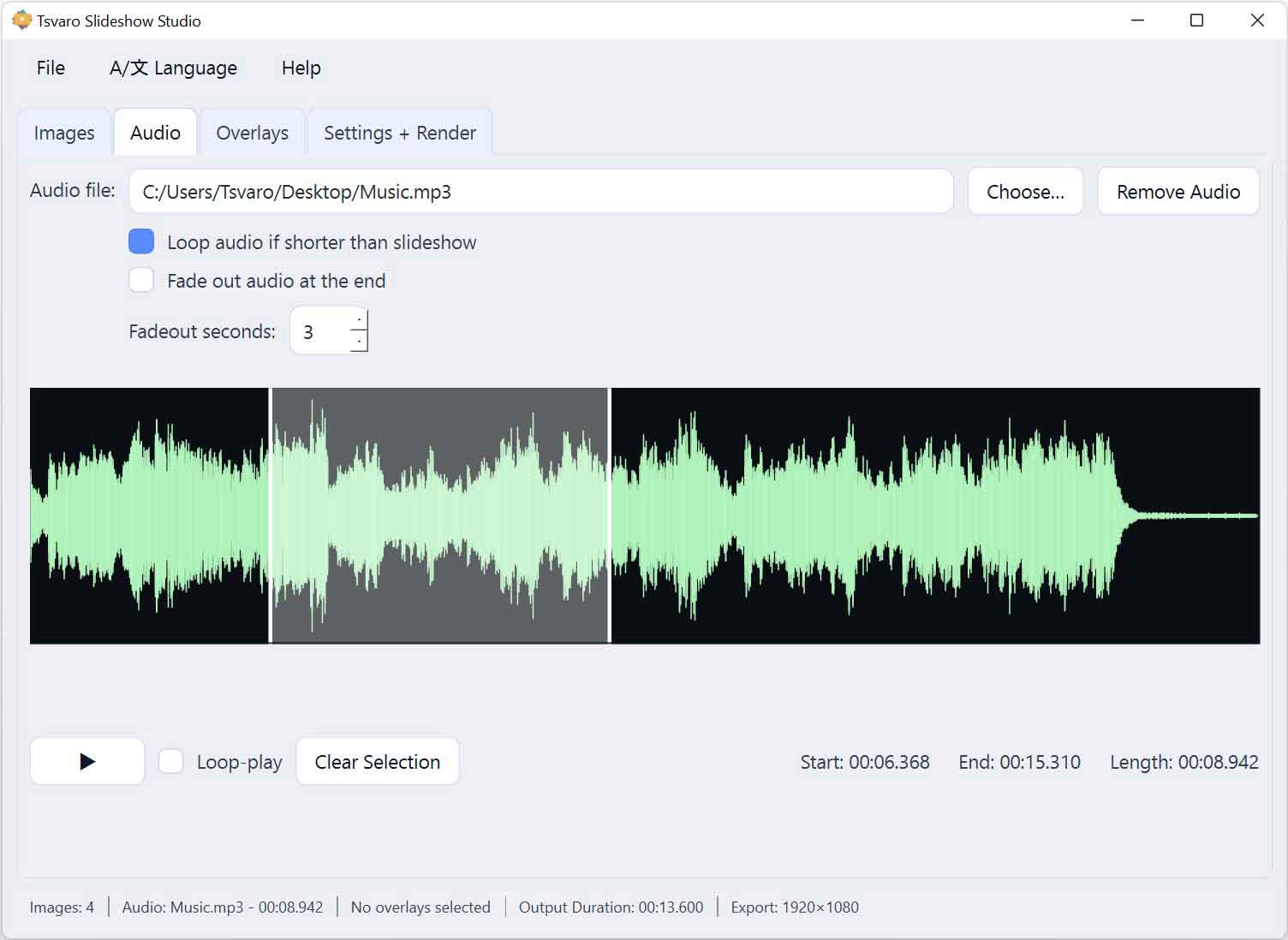 Tsvaro Slideshow Studio - Audio waveform selection