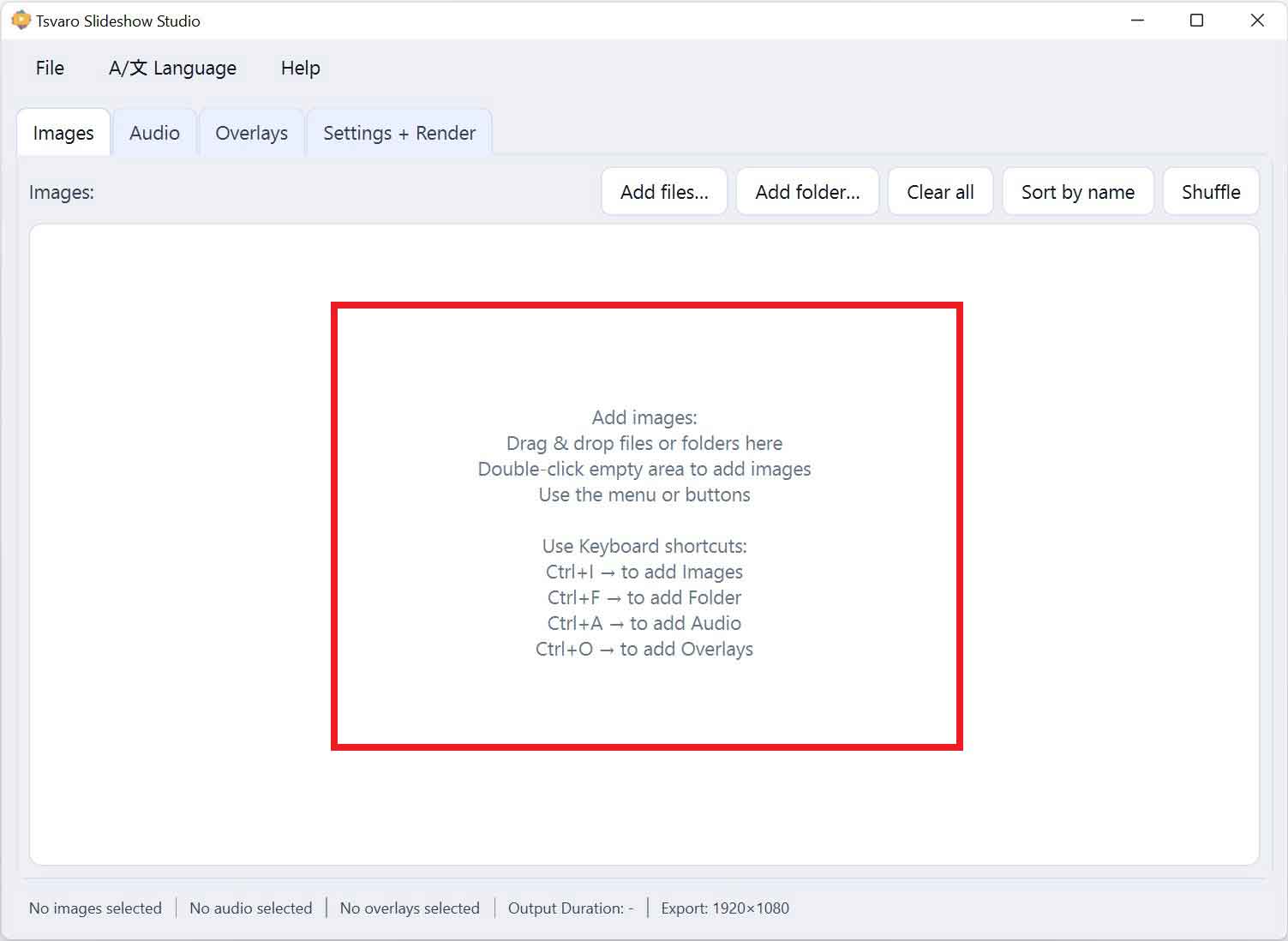 Tsvaro Slideshow Studio - Empty state, Menu shortcuts