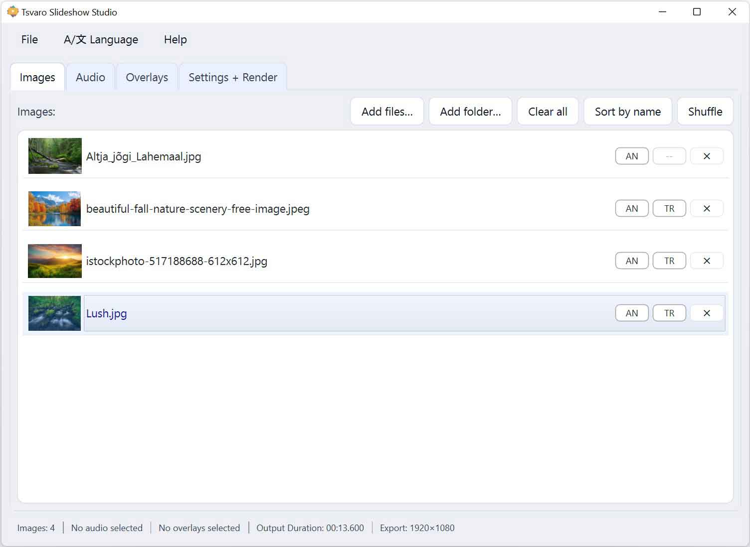 Tsvaro Slideshow Studio Images tab with several images.