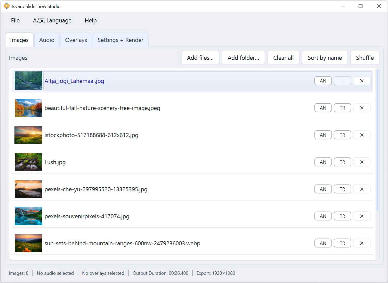 Tsvaro Slideshow Studio with selected images