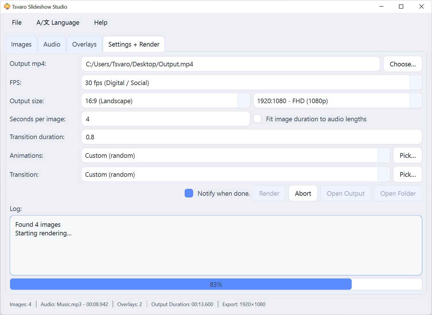 Tsvaro Slideshow Studio rendering tab.